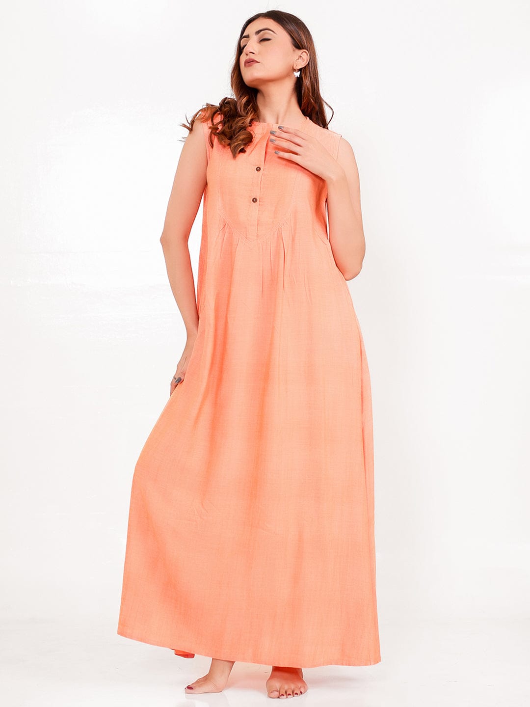 The Kaftan Company Nightdress Solid Peach Viscose-Linen Sleeveless Nightdress