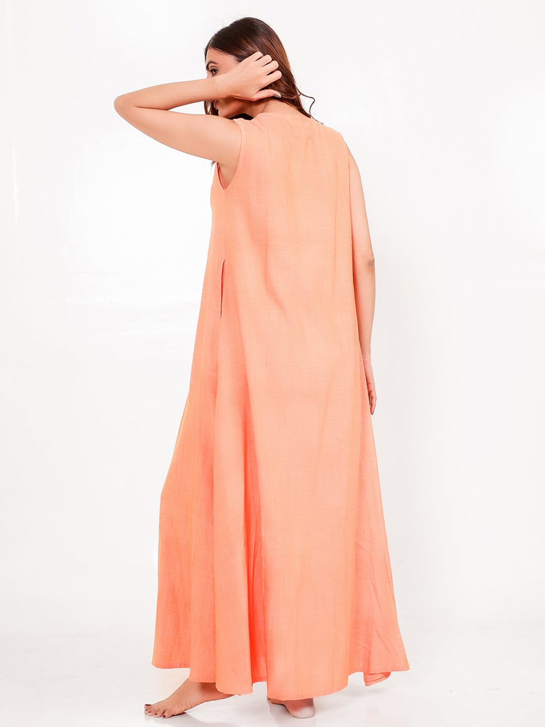 The Kaftan Company Nightdress Solid Peach Viscose-Linen Sleeveless Nightdress