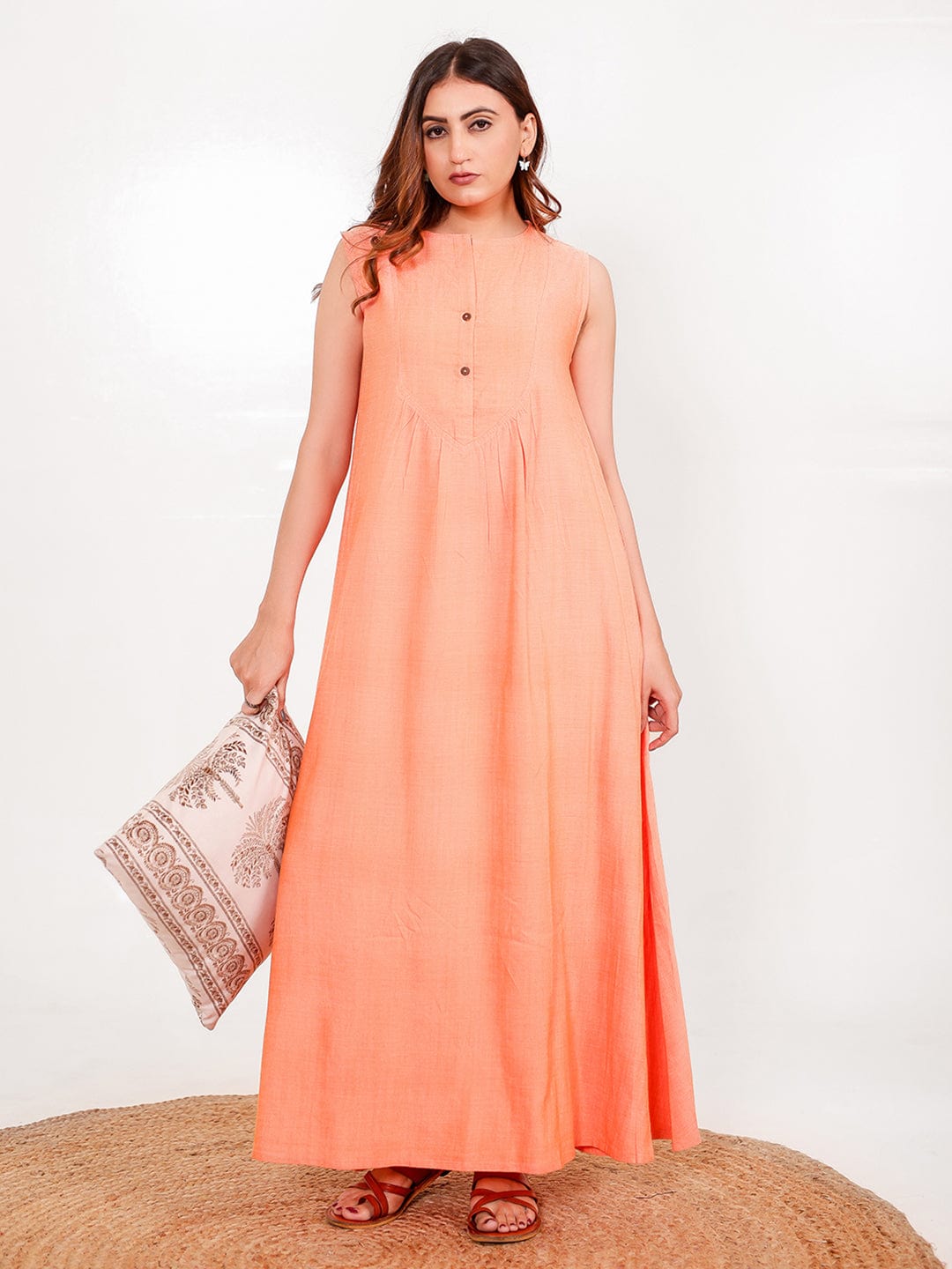 The Kaftan Company Nightdress Solid Peach Viscose-Linen Sleeveless Nightdress