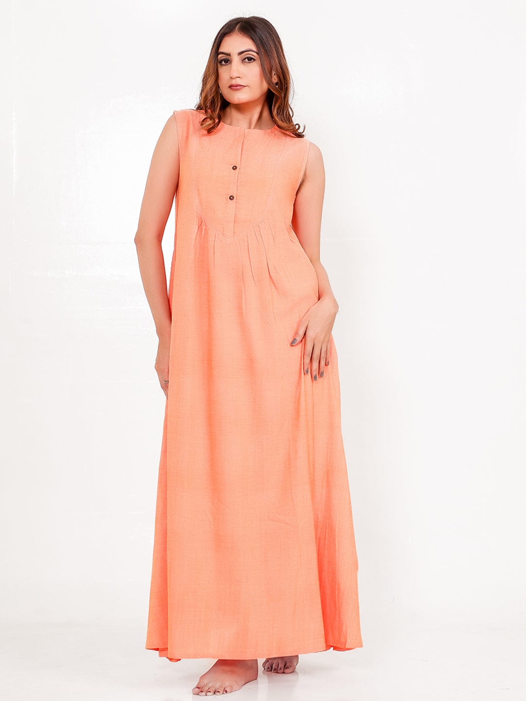 The Kaftan Company Nightdress Solid Peach Viscose-Linen Sleeveless Nightdress