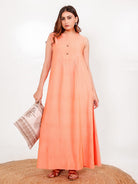 The Kaftan Company Nightdress Solid Peach Viscose-Linen Sleeveless Nightdress
