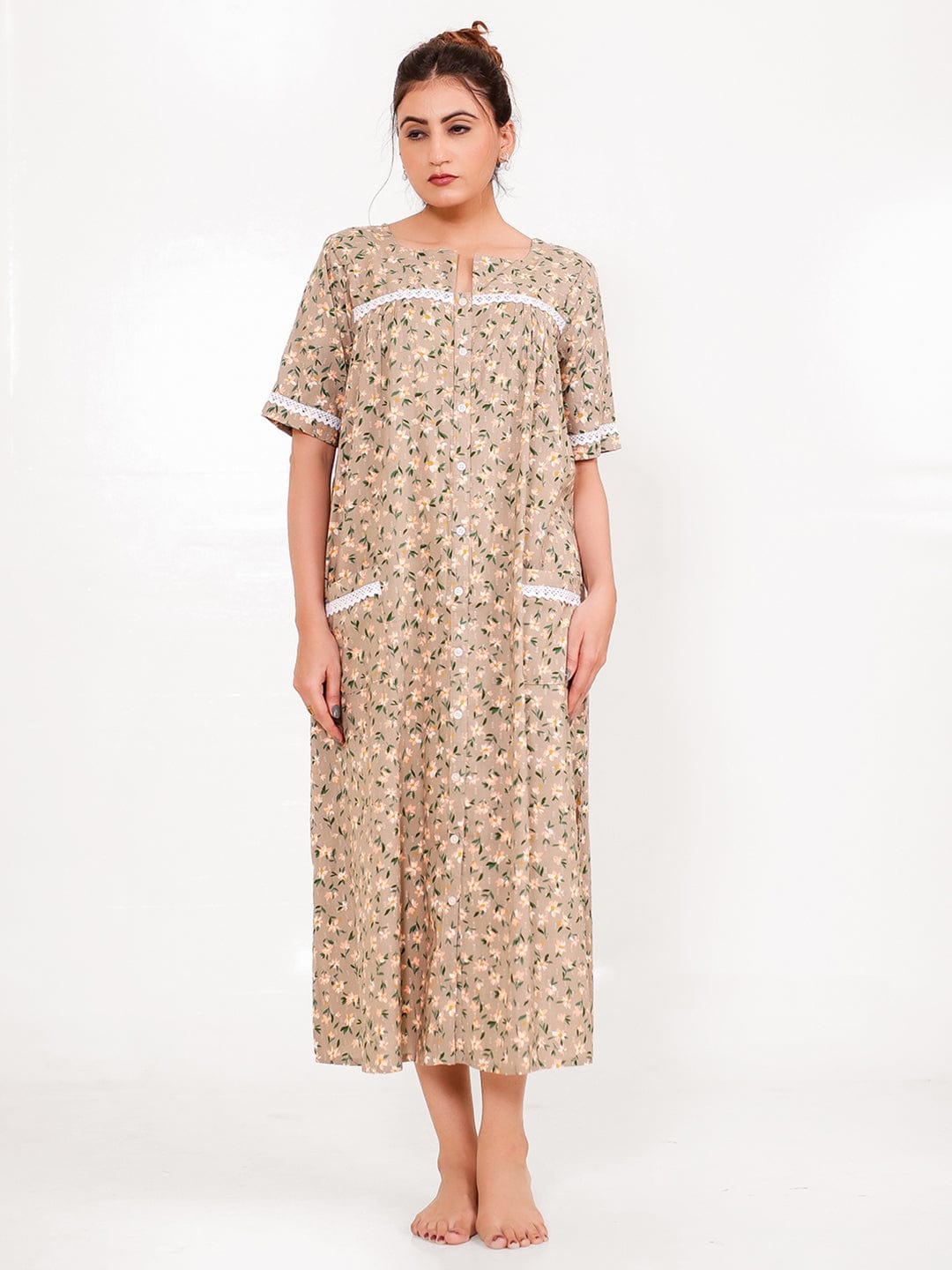The Kaftan Company Nightdress Taupe Floral Front-Open Cotton Nightdress