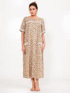 The Kaftan Company Nightdress Taupe Floral Front-Open Cotton Nightdress