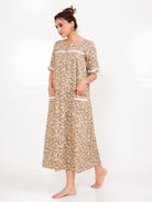 The Kaftan Company Nightdress Taupe Floral Front-Open Cotton Nightdress