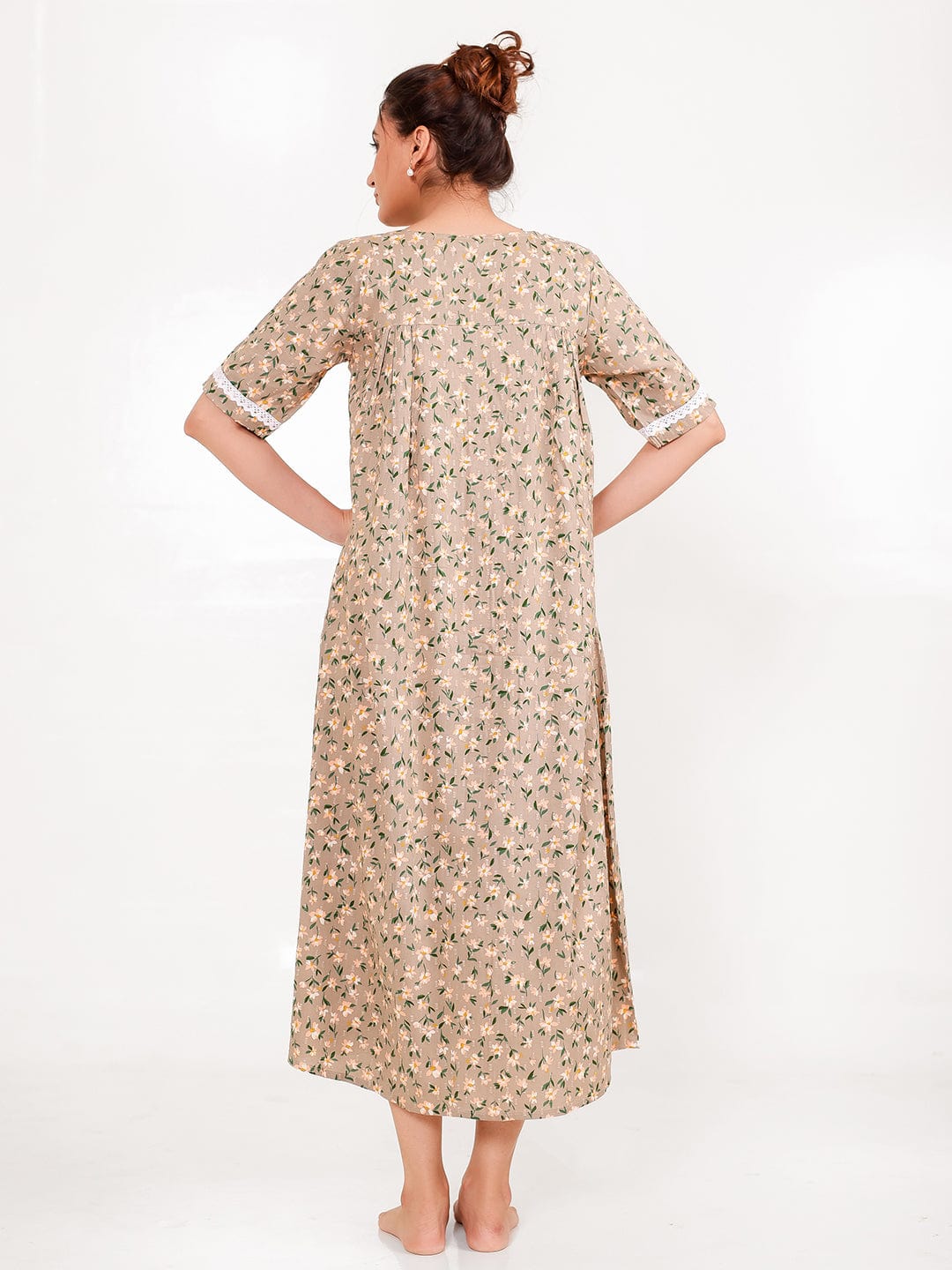 The Kaftan Company Nightdress Taupe Floral Front-Open Cotton Nightdress