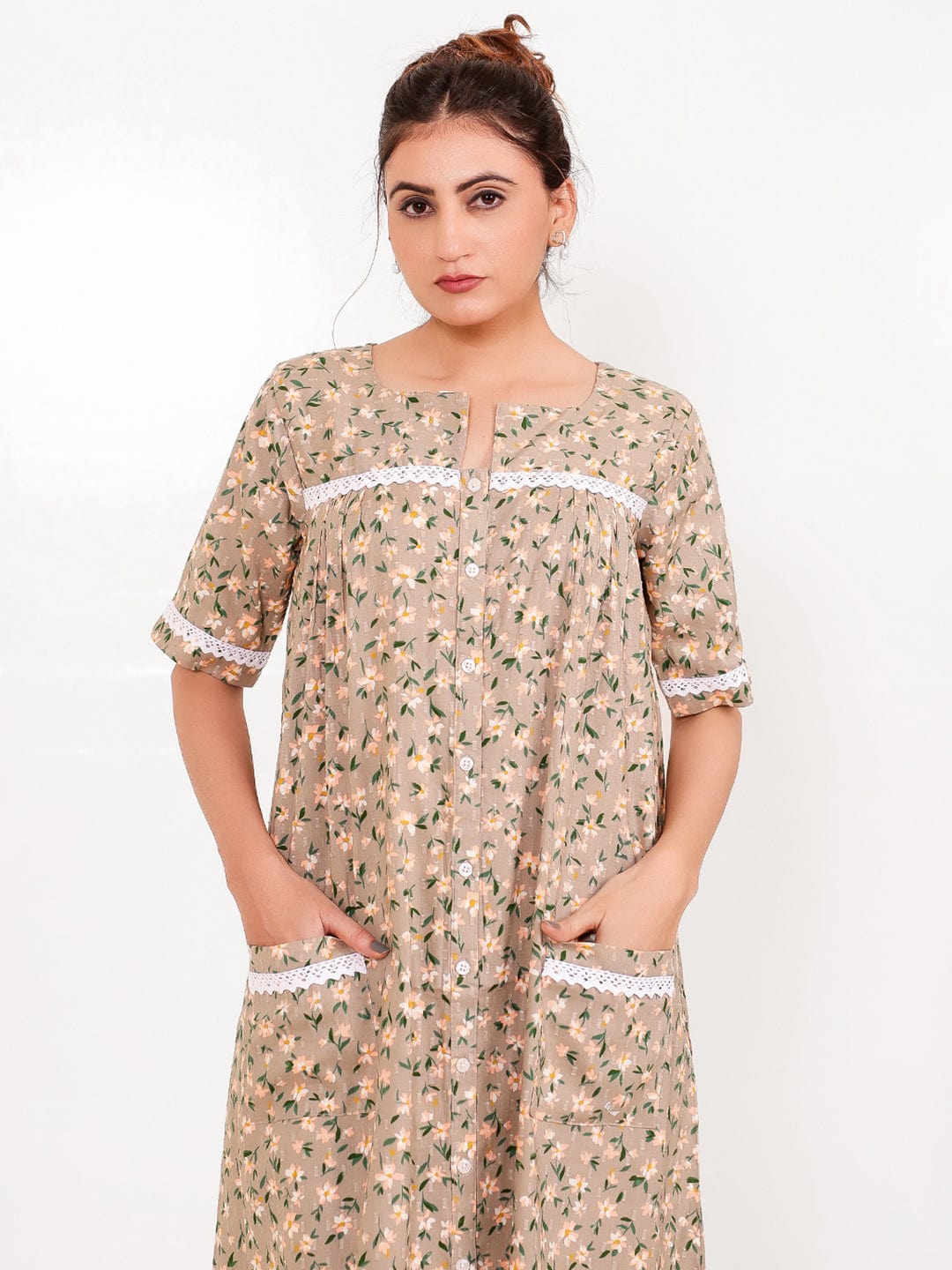 The Kaftan Company Nightdress Taupe Floral Front-Open Cotton Nightdress