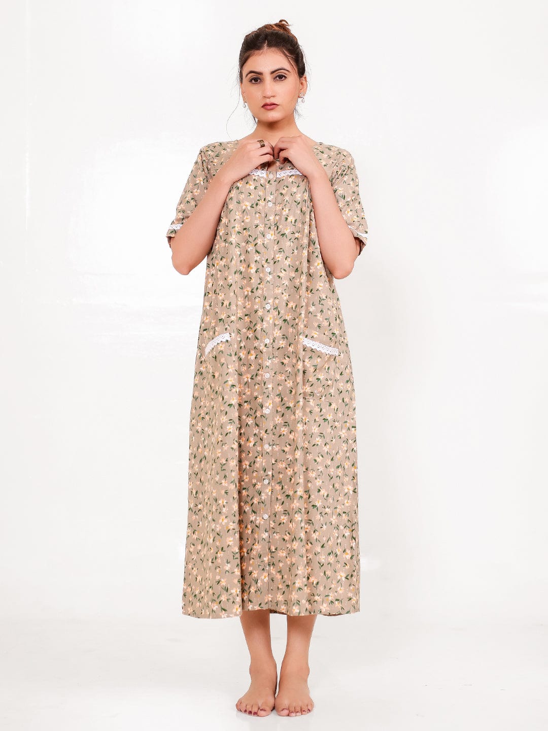 The Kaftan Company Nightdress Taupe Floral Front-Open Cotton Nightdress