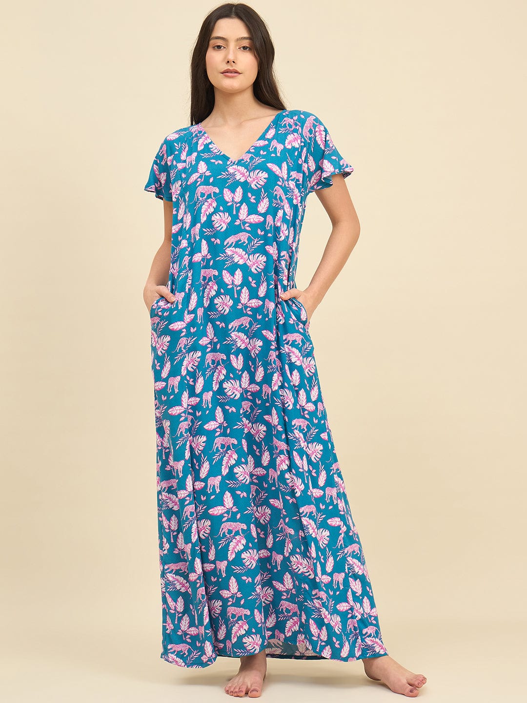 The Kaftan Company Nightdress Teal Blue Viscose Rayon Nightdress with Jungle Print