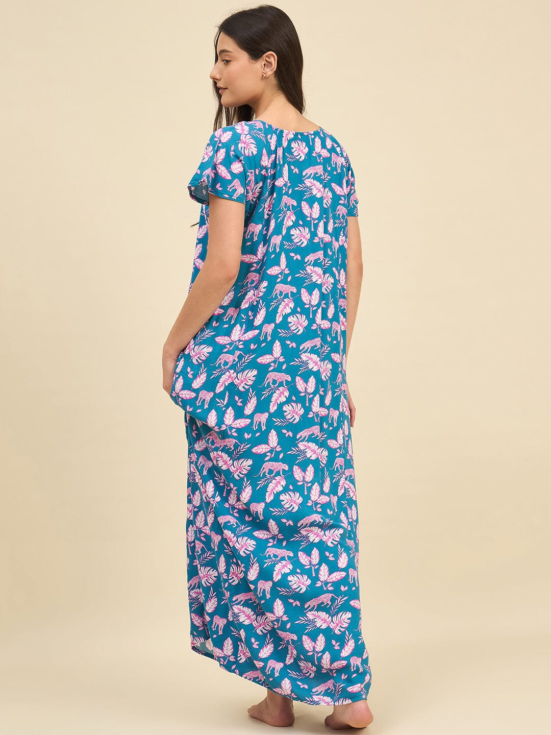 The Kaftan Company Nightdress Teal Blue Viscose Rayon Nightdress with Jungle Print