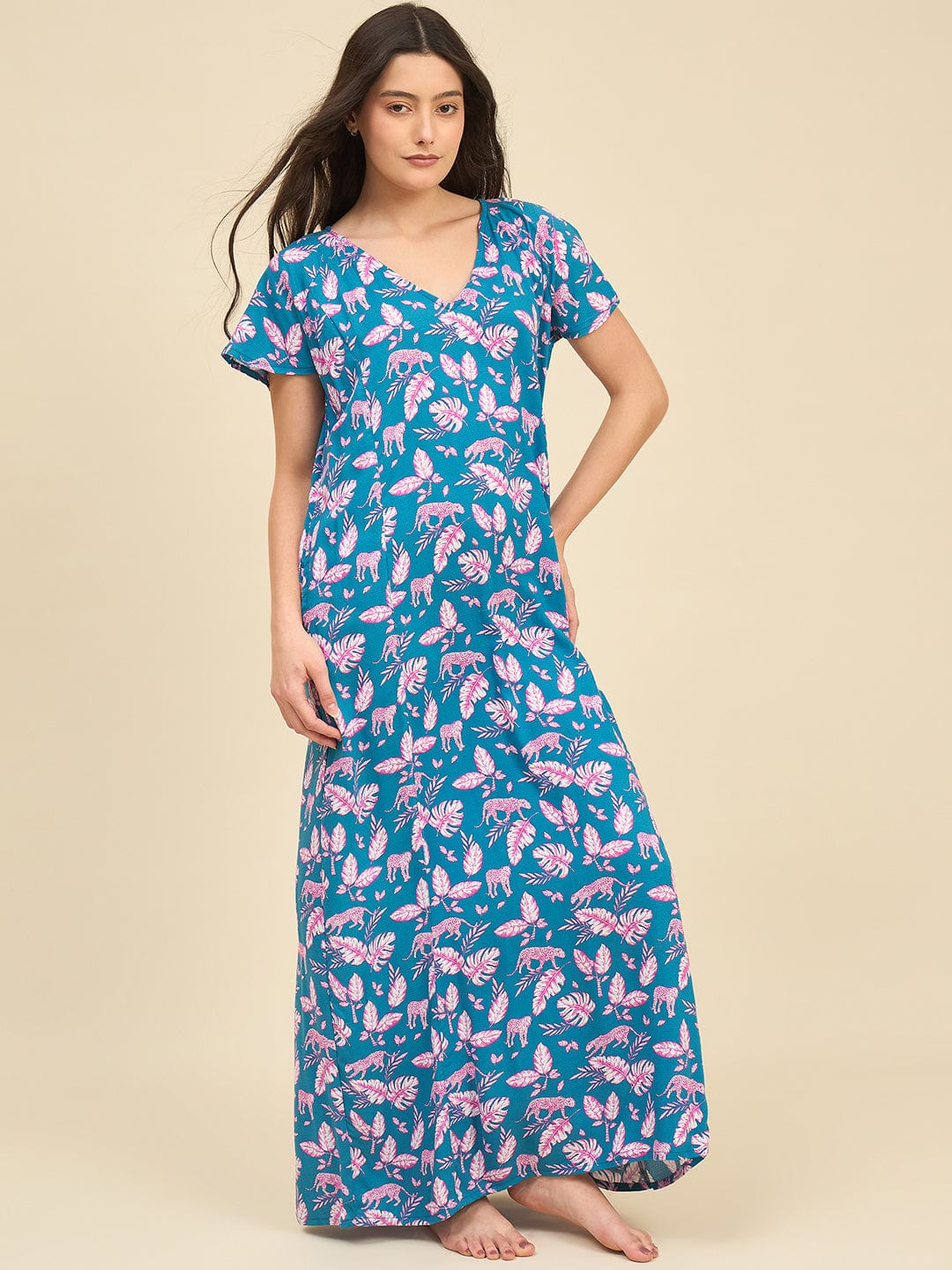 The Kaftan Company Nightdress Teal Blue Viscose Rayon Nightdress with Jungle Print