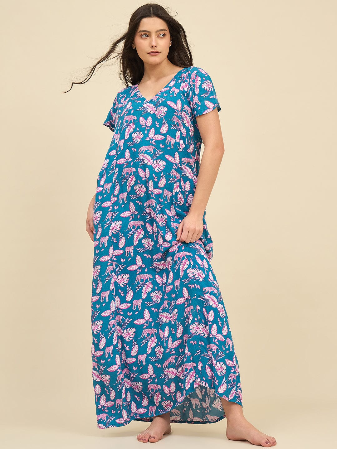 The Kaftan Company Nightdress Teal Blue Viscose Rayon Nightdress with Jungle Print