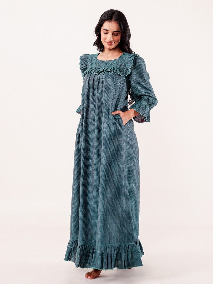 The Kaftan Company Nightdress Teal Chevron Printed Cotton Nightdress