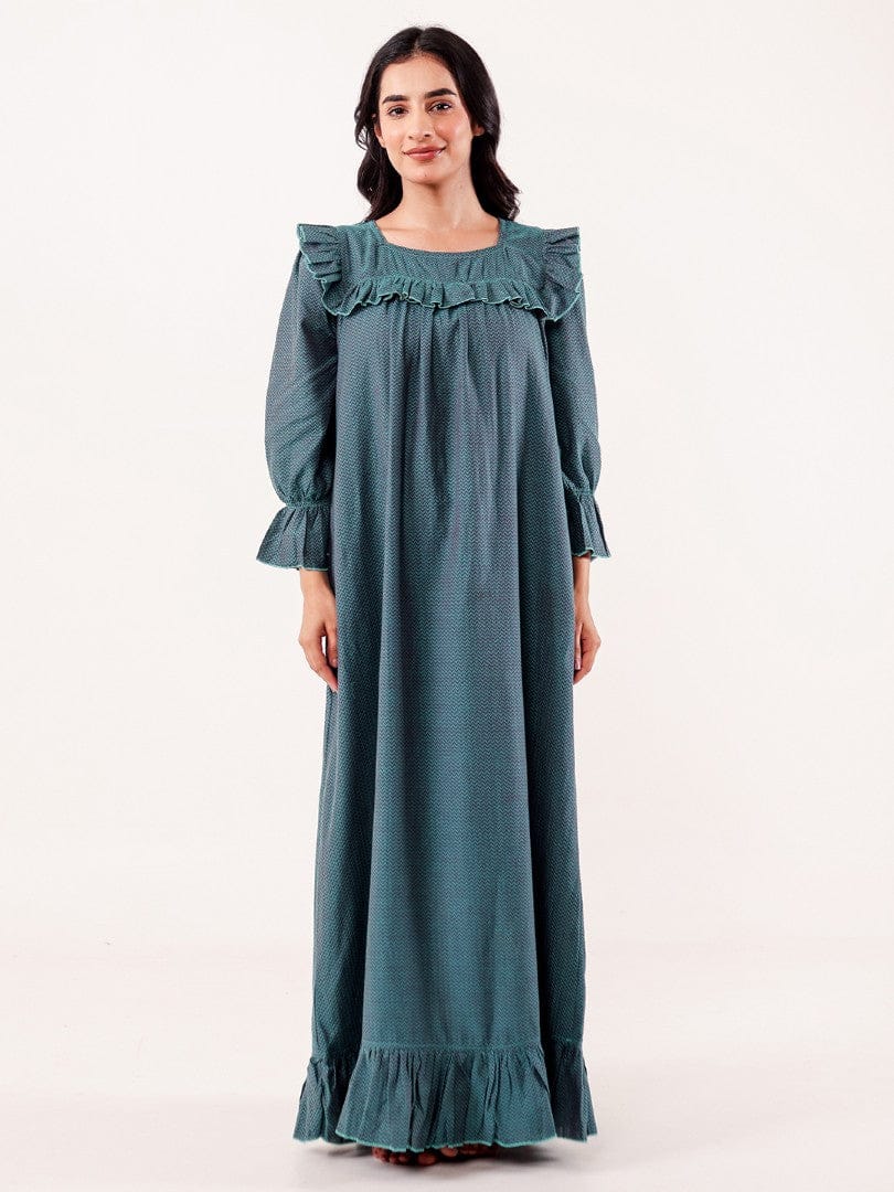 The Kaftan Company Nightdress Teal Chevron Printed Cotton Nightdress