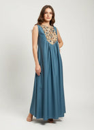 The Kaftan Company Nightdress Teal Cotton Sleeveless Nightdress with Kalamkari Patch Yoke