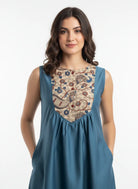 The Kaftan Company Nightdress Teal Cotton Sleeveless Nightdress with Kalamkari Patch Yoke