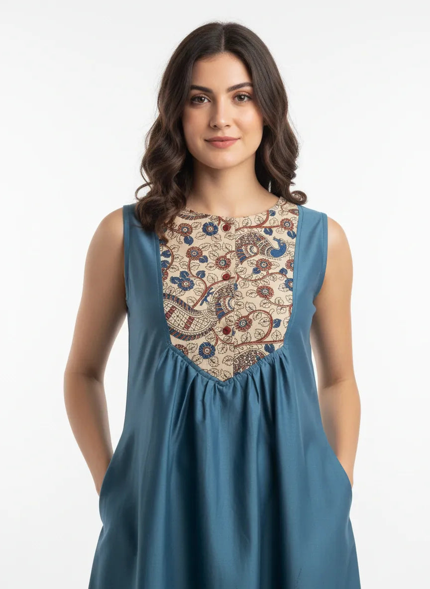 The Kaftan Company Nightdress Teal Cotton Sleeveless Nightdress with Kalamkari Patch Yoke