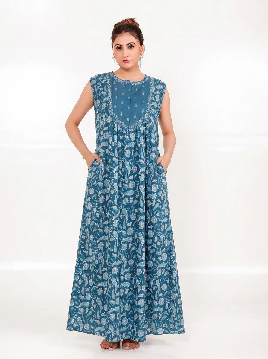 The Kaftan Company Nightdress Teal Floral Print Maxi Nightdress with Embroidered Yoke