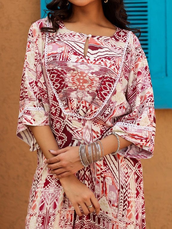 The Kaftan Company Nightdress Tribal Print Maxi Nightdress with Lace Detail