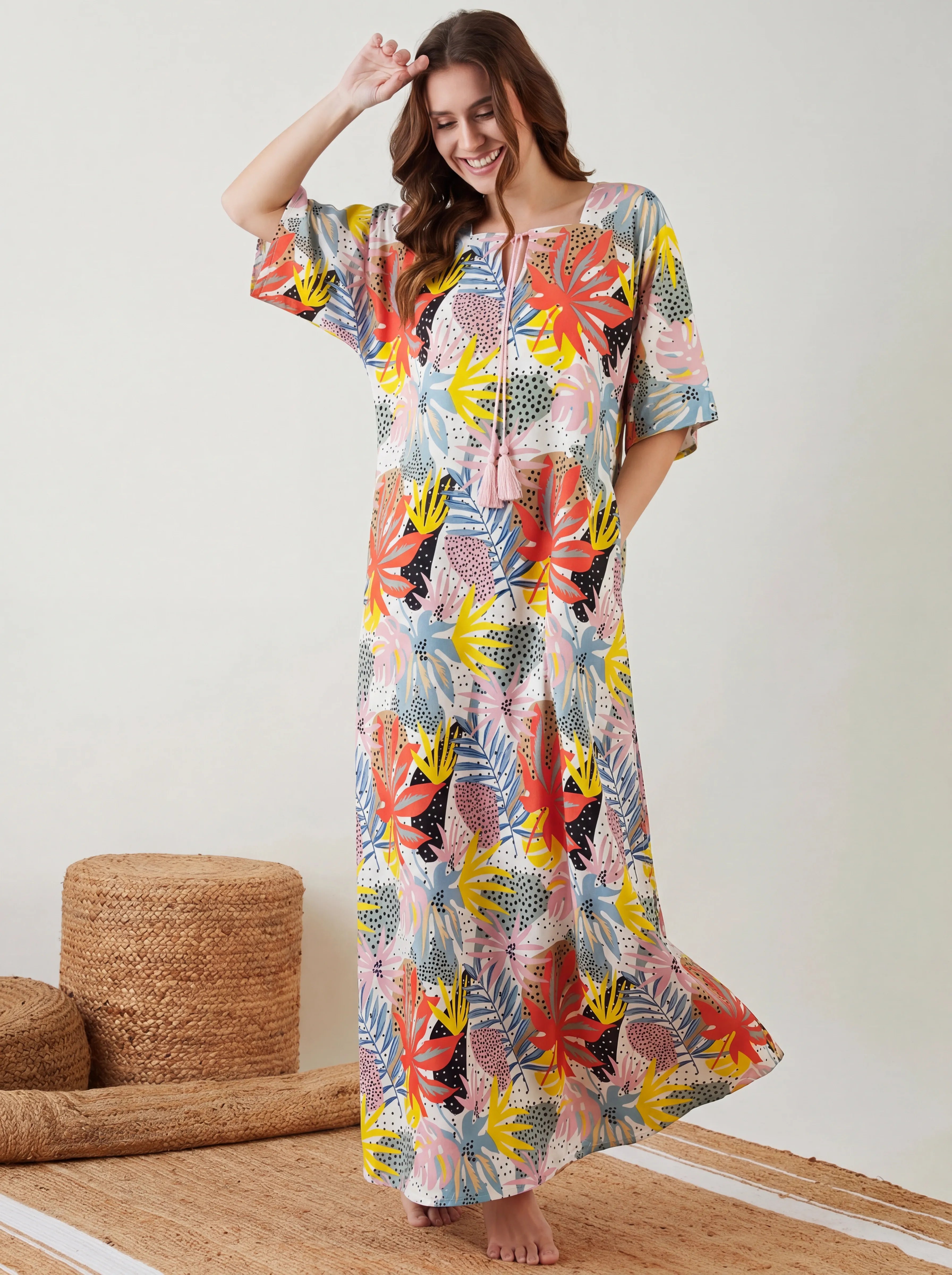 The Kaftan Company Nightdress Tropical Leaf Print Maxi Nightdress