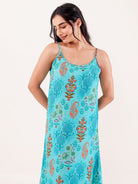 The Kaftan Company Nightdress Turquoise Printed Modal Negligee with Spaghetti Straps