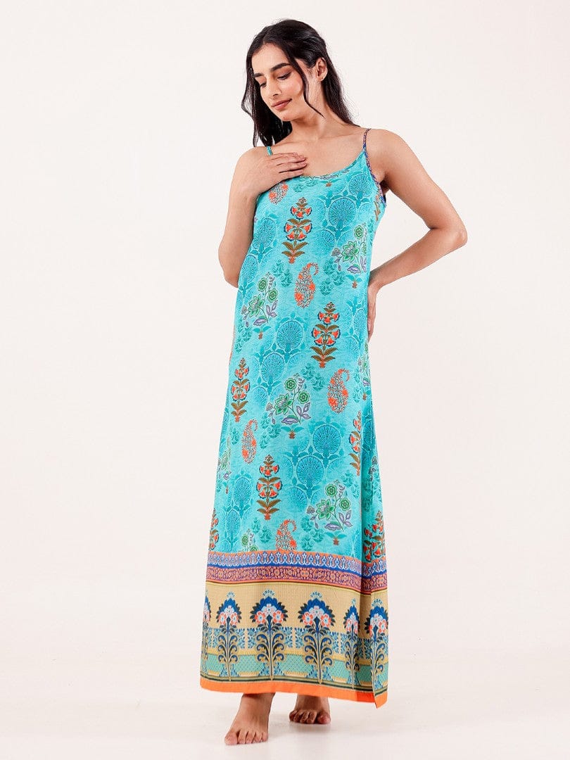 The Kaftan Company Nightdress Turquoise Printed Modal Negligee with Spaghetti Straps