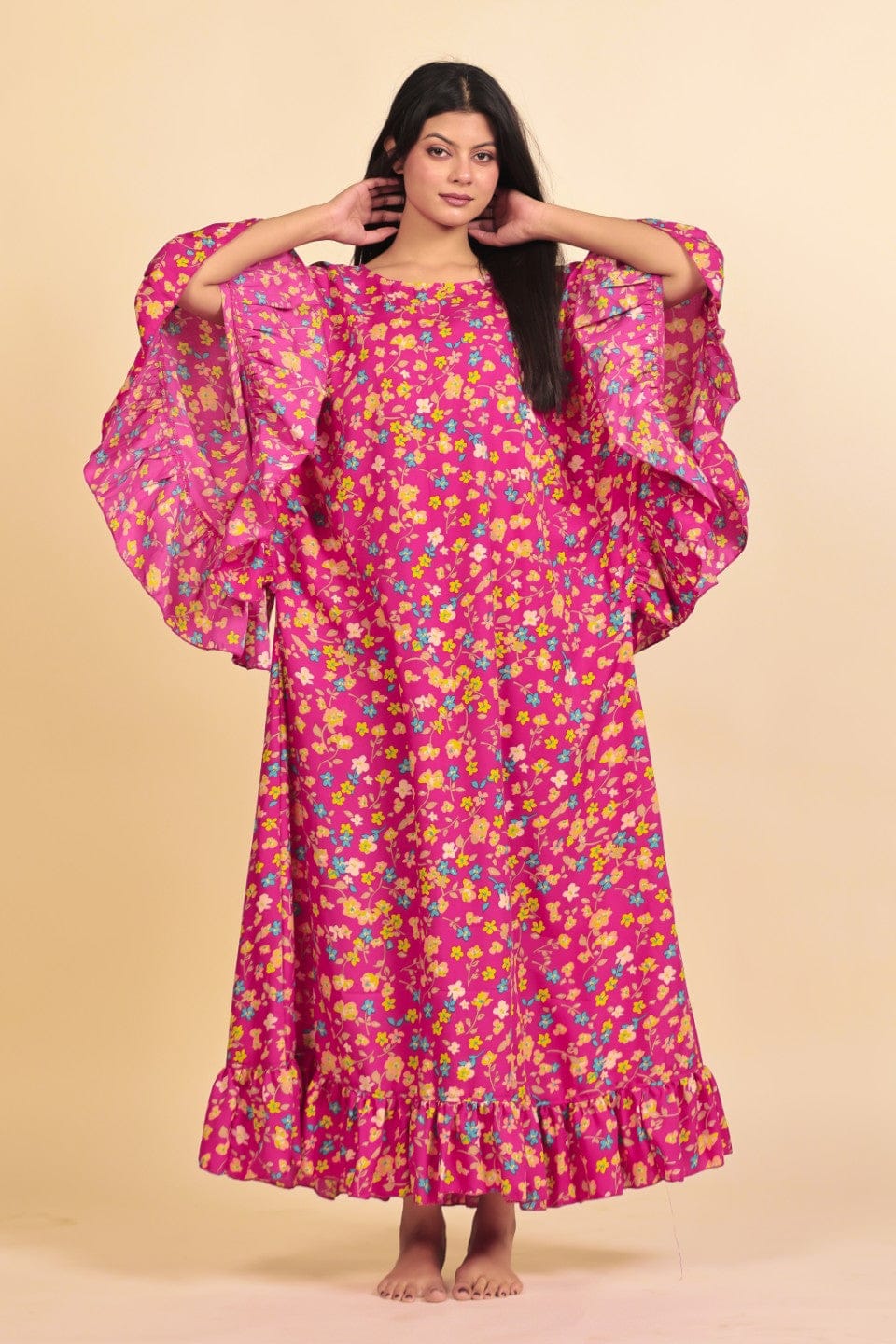 The Kaftan Company Nightdress Vibrant Pink Floral Print Nighty with Ruffled Cape Sleeves