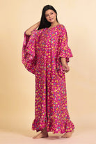 The Kaftan Company Nightdress Vibrant Pink Floral Print Nighty with Ruffled Cape Sleeves