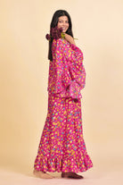 The Kaftan Company Nightdress Vibrant Pink Floral Print Nighty with Ruffled Cape Sleeves