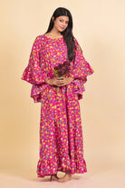 The Kaftan Company Nightdress Vibrant Pink Floral Print Nighty with Ruffled Cape Sleeves