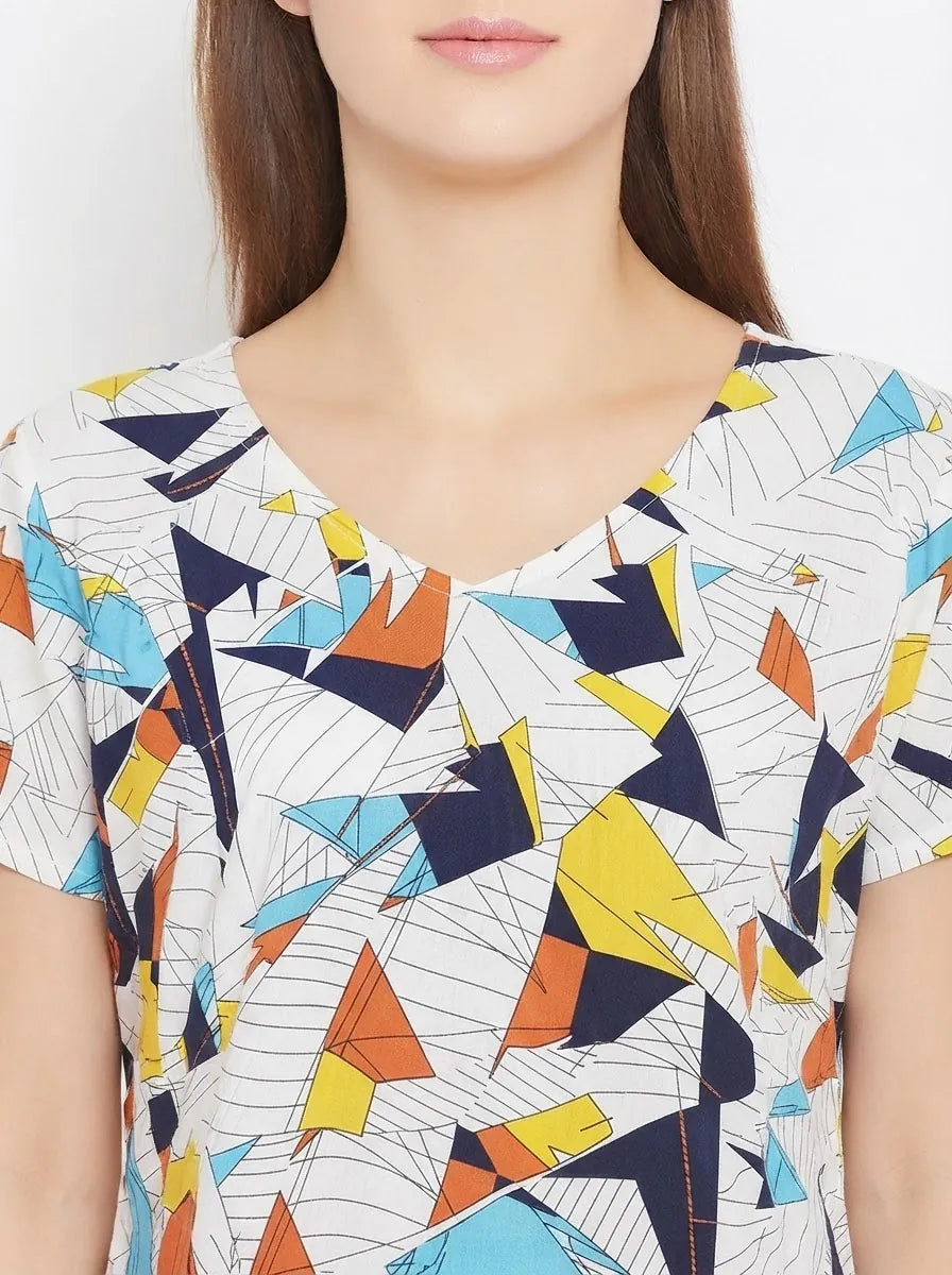 The Kaftan Company Nightdress White Abstract Geometric Print Viscose Nightdress with Pockets