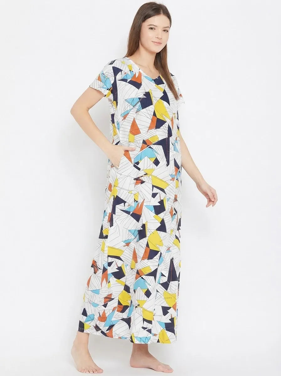 The Kaftan Company Nightdress White Abstract Geometric Print Viscose Nightdress with Pockets