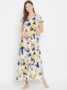 The Kaftan Company Nightdress White Abstract Geometric Print Viscose Nightdress with Pockets