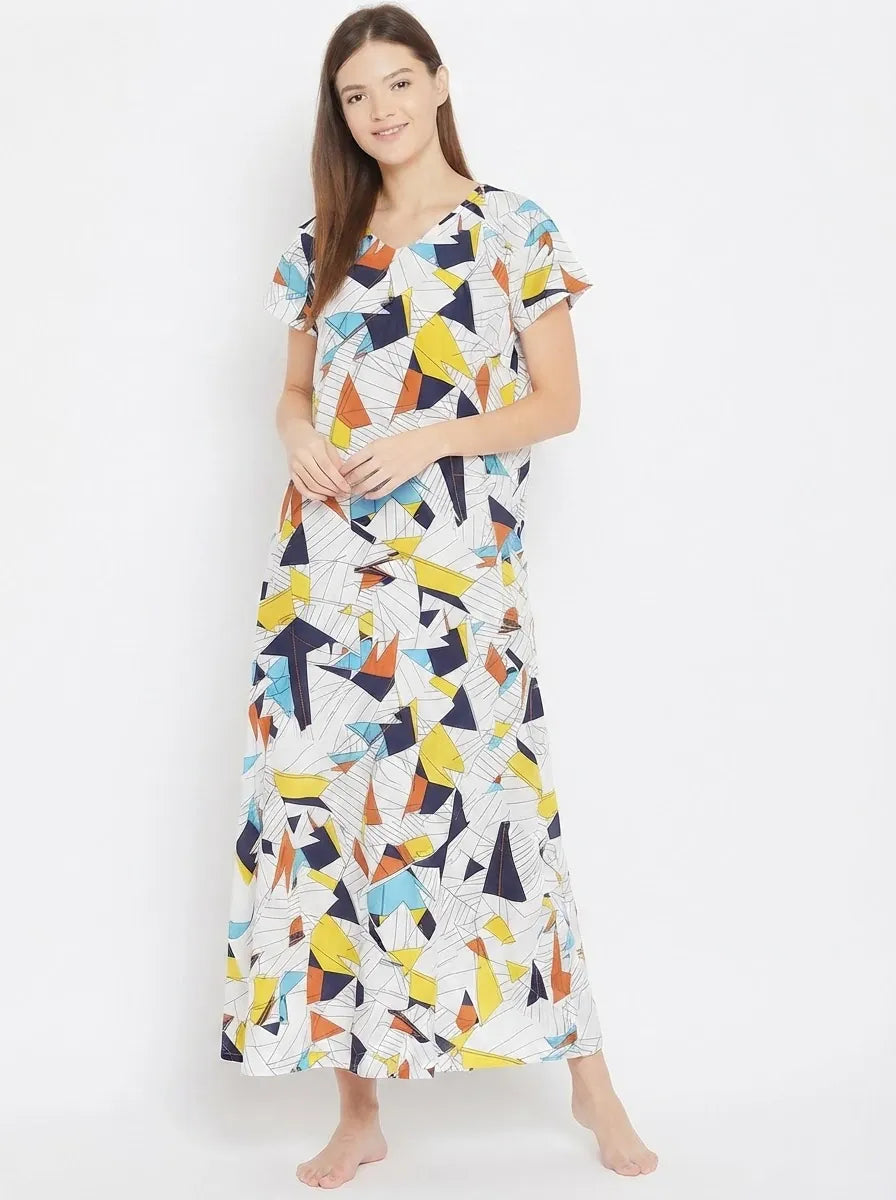 The Kaftan Company Nightdress White Abstract Geometric Print Viscose Nightdress with Pockets