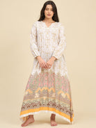 The Kaftan Company Nightdress White Cotton Viscose Nightdress with Gold Baroque Print & Lace Detail