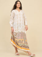 The Kaftan Company Nightdress White Cotton Viscose Nightdress with Gold Baroque Print & Lace Detail