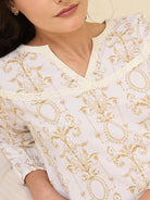 The Kaftan Company Nightdress White Cotton Viscose Nightdress with Gold Baroque Print & Lace Detail