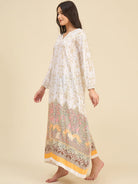 The Kaftan Company Nightdress White Cotton Viscose Nightdress with Gold Baroque Print & Lace Detail