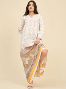 The Kaftan Company Nightdress White Cotton Viscose Nightdress with Gold Baroque Print & Lace Detail