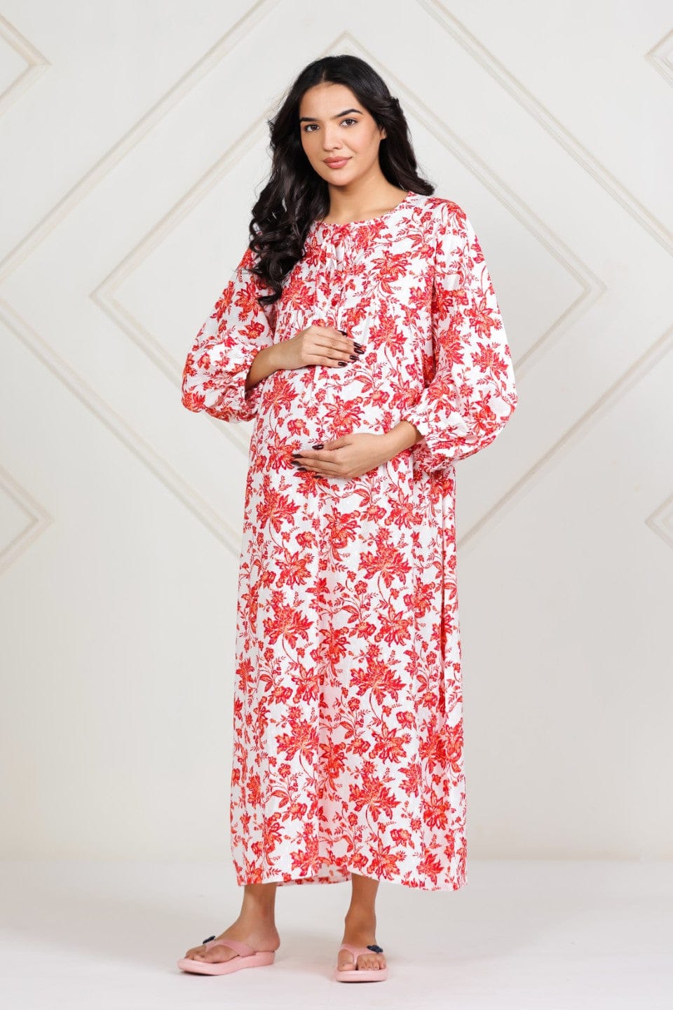 The Kaftan Company Nightdress White Floral Cotton Dobby Maternity Dress with Nursing Placket