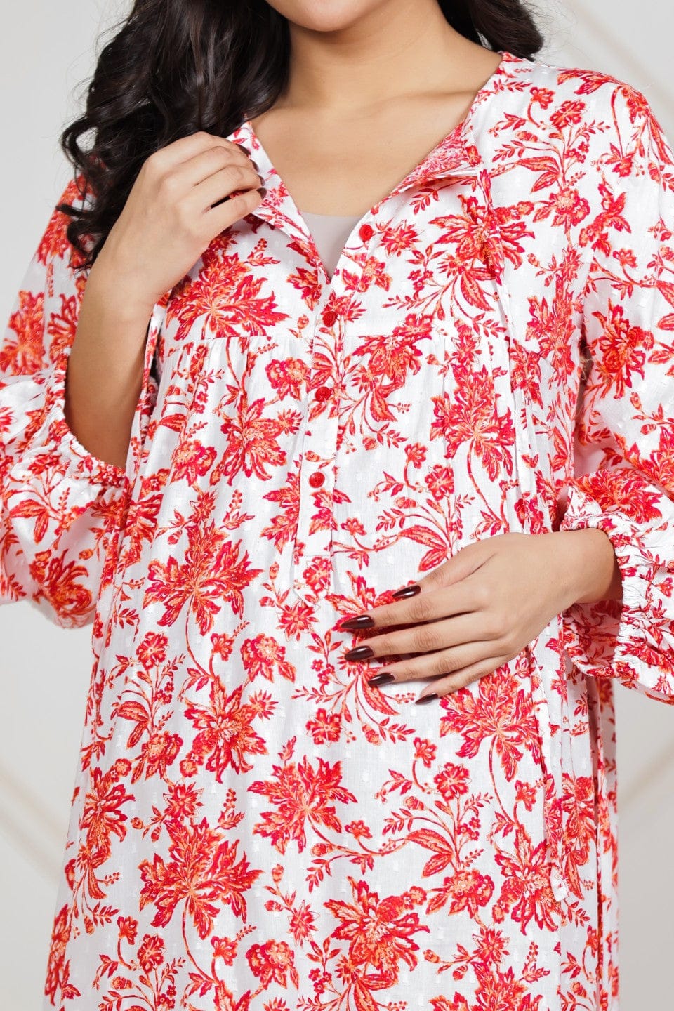 The Kaftan Company Nightdress White Floral Cotton Dobby Maternity Dress with Nursing Placket