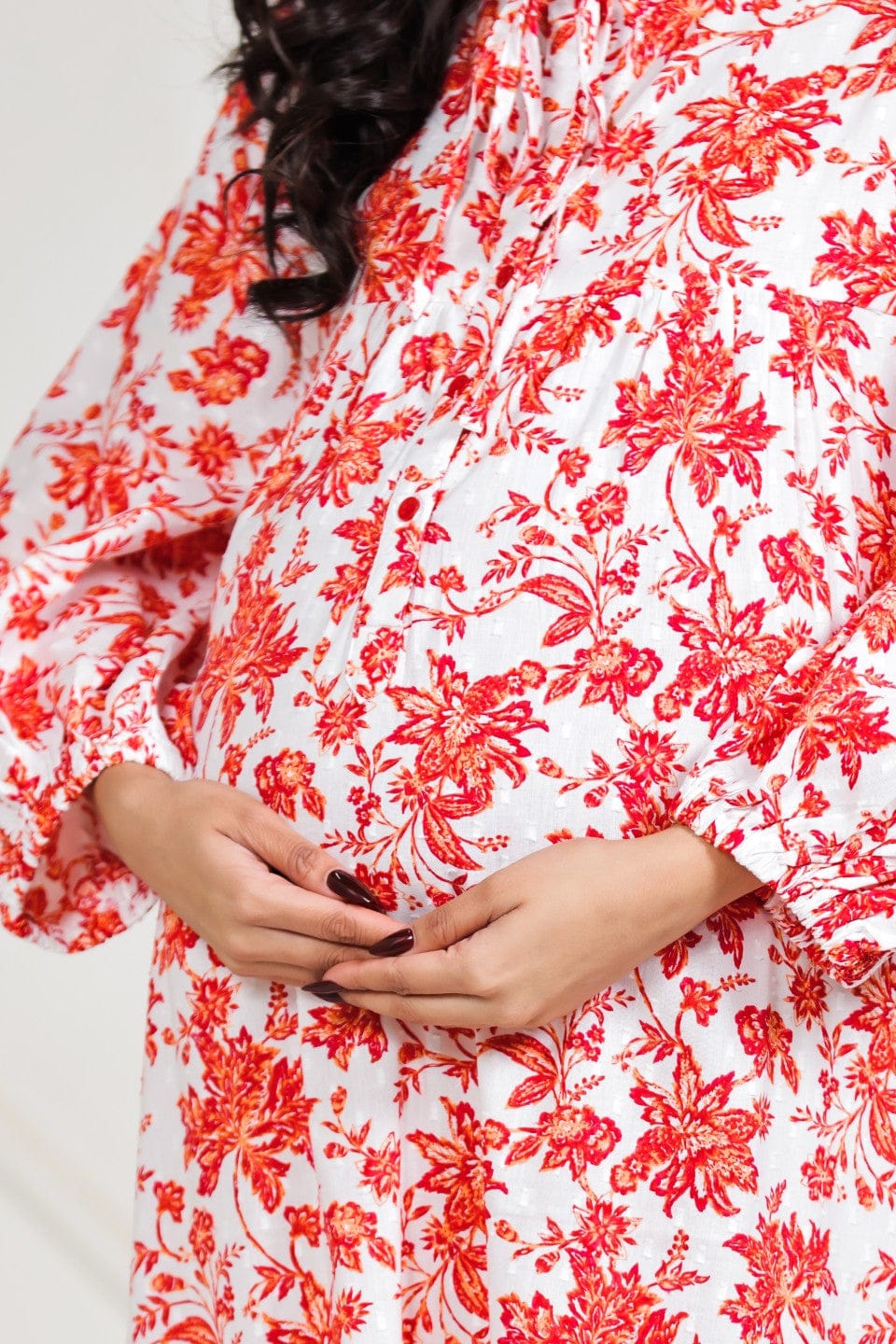 The Kaftan Company Nightdress White Floral Cotton Dobby Maternity Dress with Nursing Placket