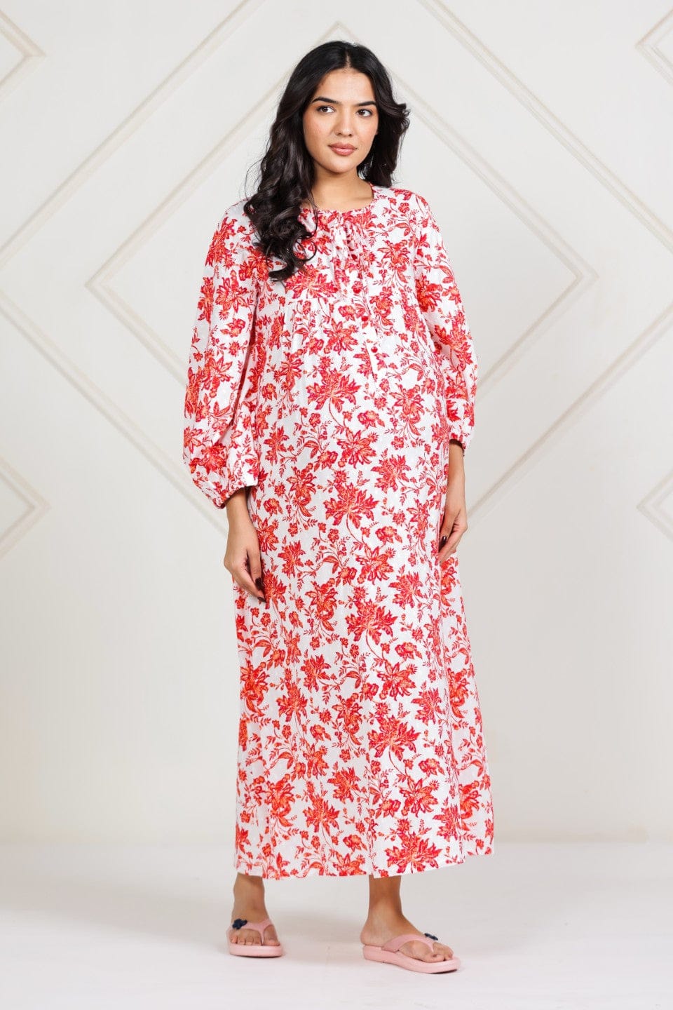 The Kaftan Company Nightdress White Floral Cotton Dobby Maternity Dress with Nursing Placket