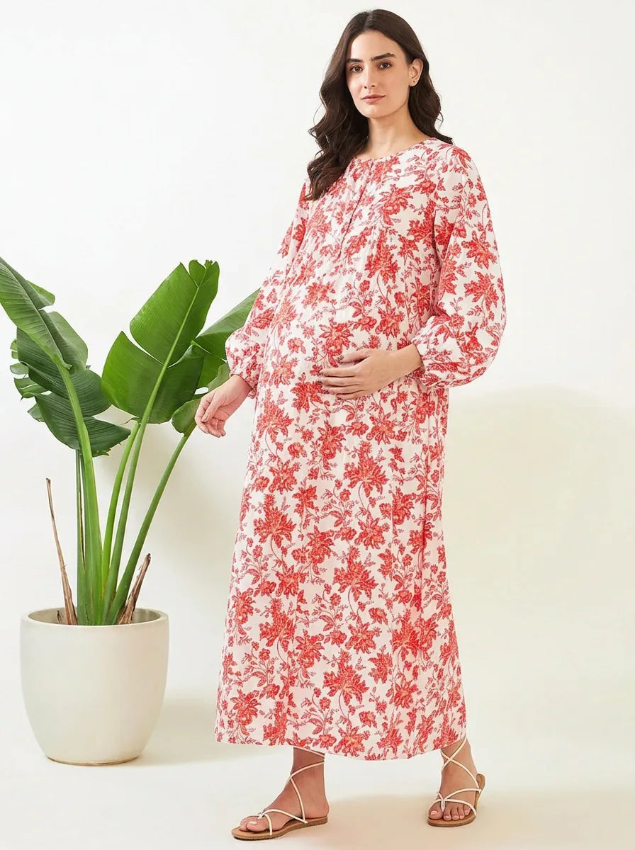 The Kaftan Company Nightdress White Floral Cotton Dobby Maternity Dress with Nursing Placket