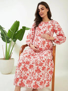 The Kaftan Company Nightdress White Floral Cotton Dobby Maternity Dress with Nursing Placket