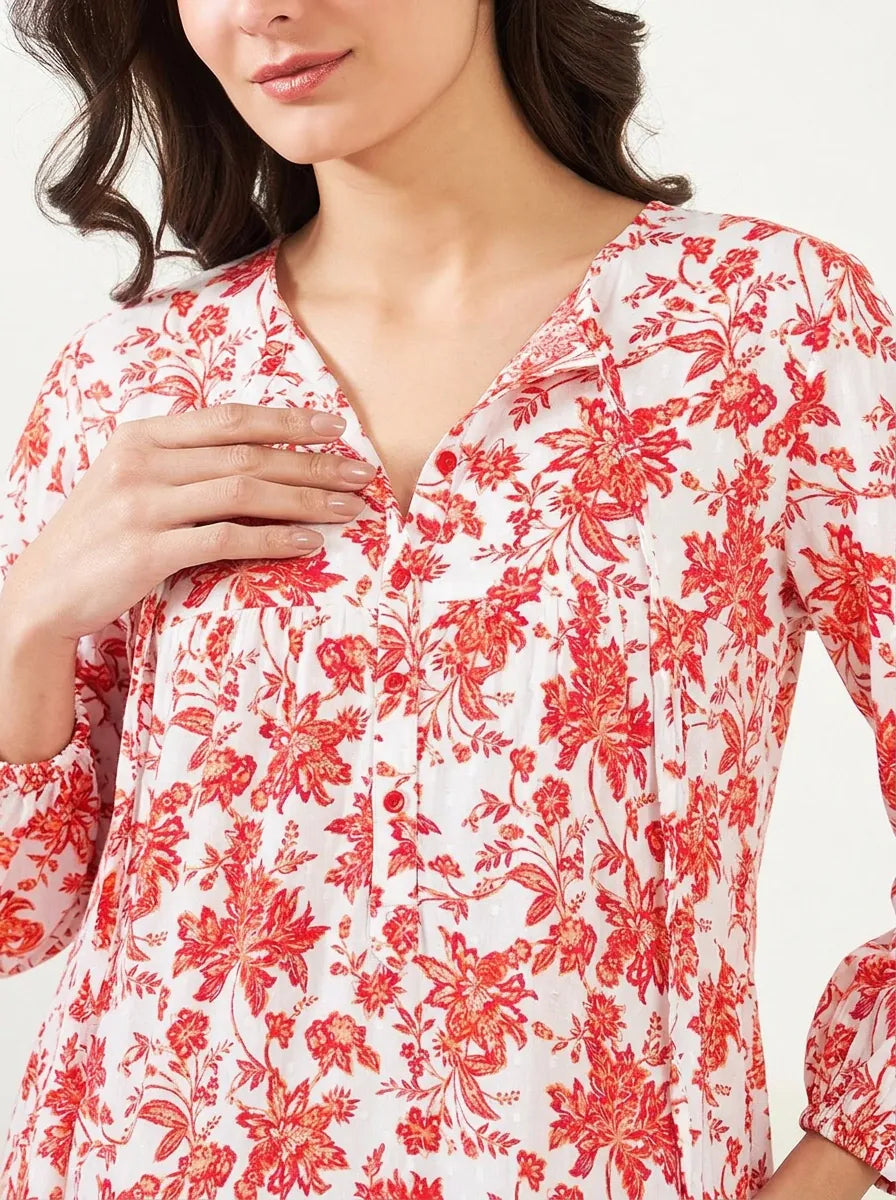 The Kaftan Company Nightdress White Floral Cotton Dobby Maternity Dress with Nursing Placket