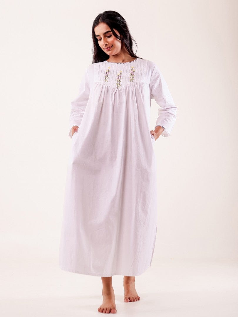 The Kaftan Company Nightdress White Hand Embroidered Cotton Nightdress