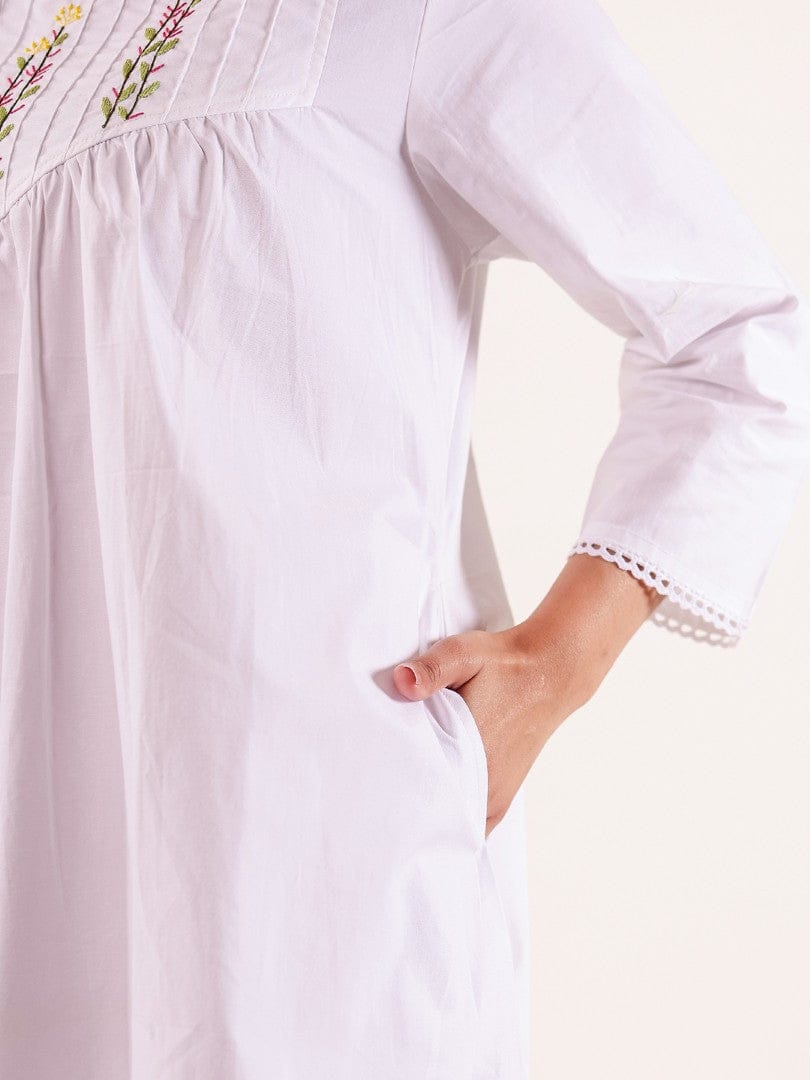 The Kaftan Company Nightdress White Hand Embroidered Cotton Nightdress