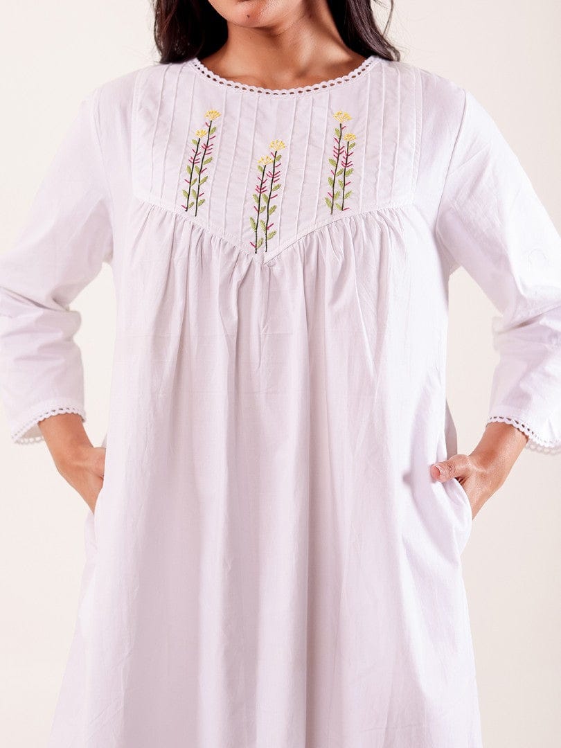 The Kaftan Company Nightdress White Hand Embroidered Cotton Nightdress