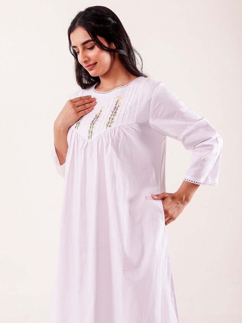 The Kaftan Company Nightdress White Hand Embroidered Cotton Nightdress