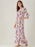 The Kaftan Company Nightdress White Lily and Butterfly Print Viscose Nightdress with Ruffle Yoke